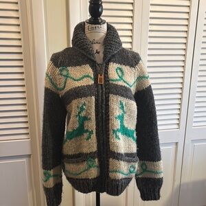 Hand Knit Cardigan with Green Deer Pattern. Hand knit in Canada . 100% wool.